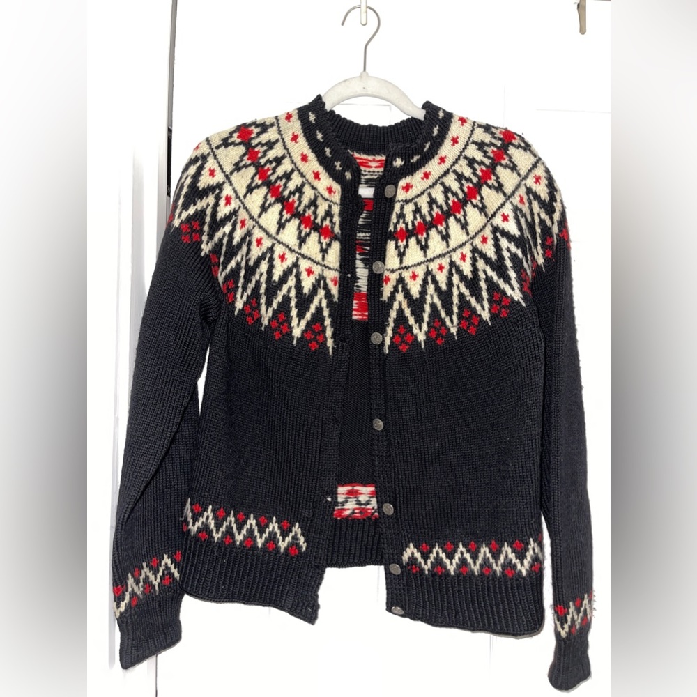 Vintage Retro Norwegian Wool Cardigan Sweater Black Red Cream S